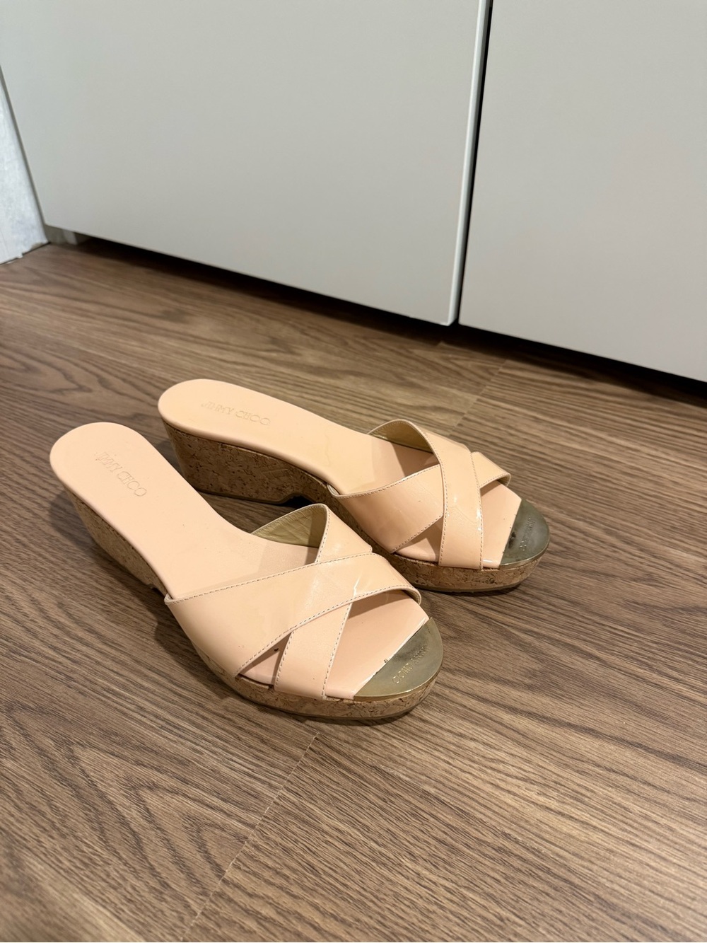 Jimmy Choo Blush Patent Leather Cork Wedge Slides